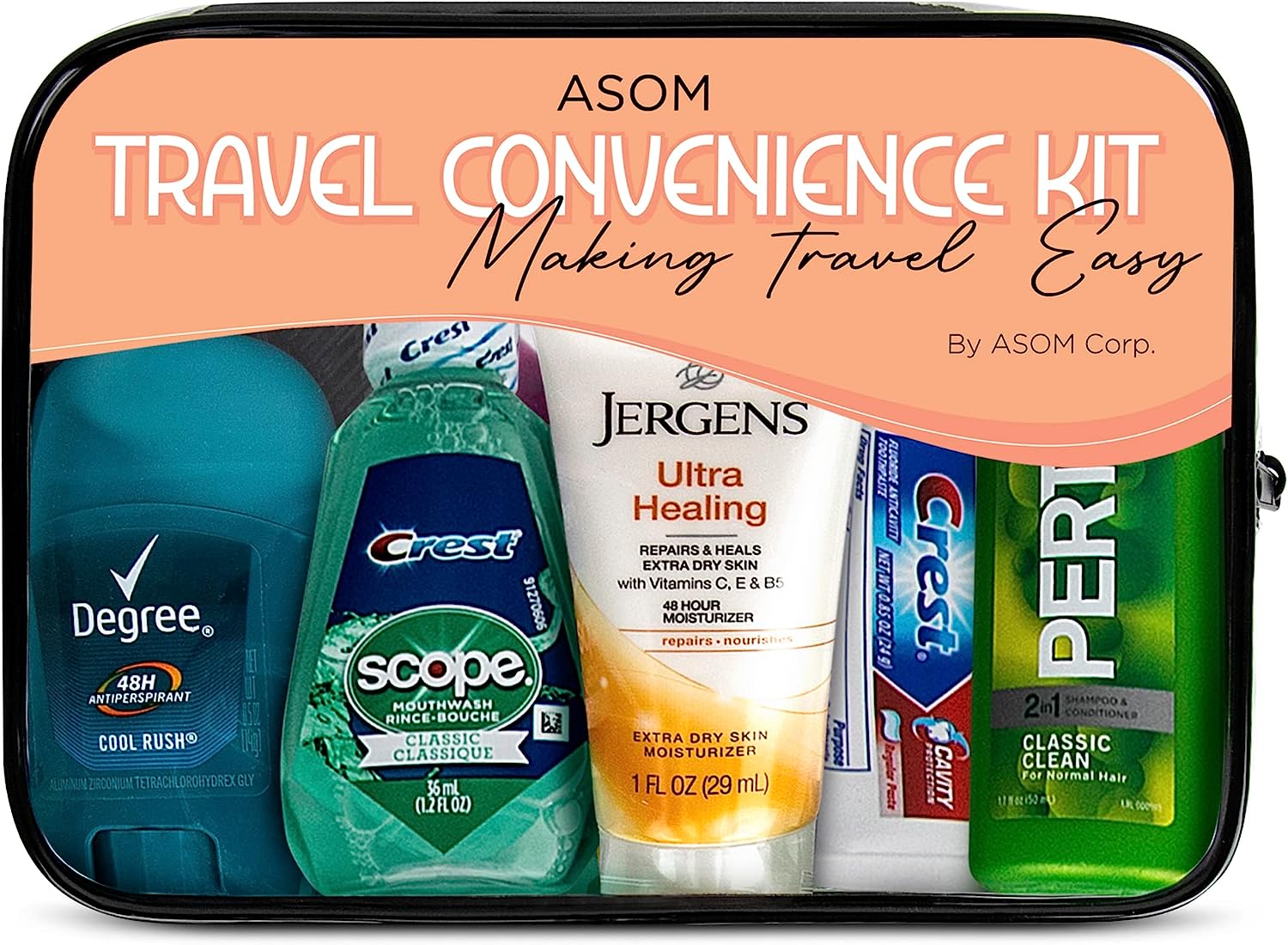 Asom Toiletry Travel Convenience Kit - Prefilled TSA Approved Personal Care Toiletries Hygiene Essentials Traveling Accessories Set, 20-Piece Unisex T